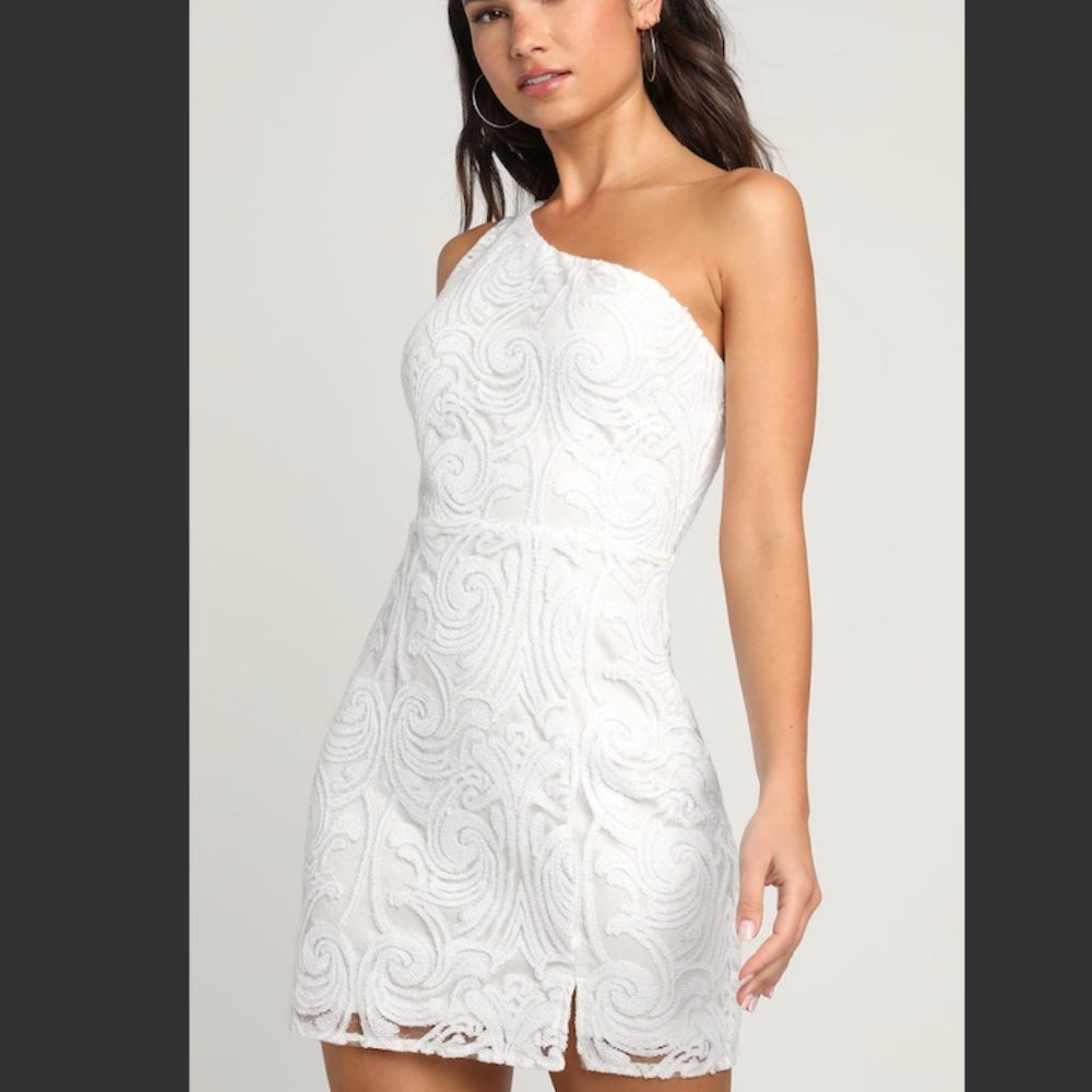 Lulus White Sequin One-Shoulder Bodycon Mini Dress (M)